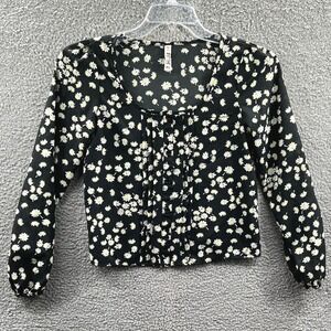 Mudd Womens Top XS Black Daisy Ditsy Floral Y2K Button Front Puff Sleeve Retro
